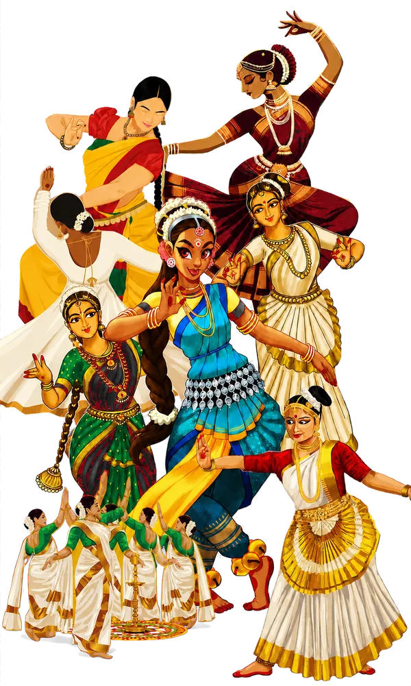 Ensemble of traditional South Asian dancers